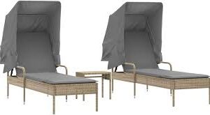 vidaXL Beige Solsängar med Tak och Bord - 2 st